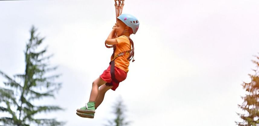 A mirror images of a person ziplining and moving across a backdrop of green trees and a cloudy sky.